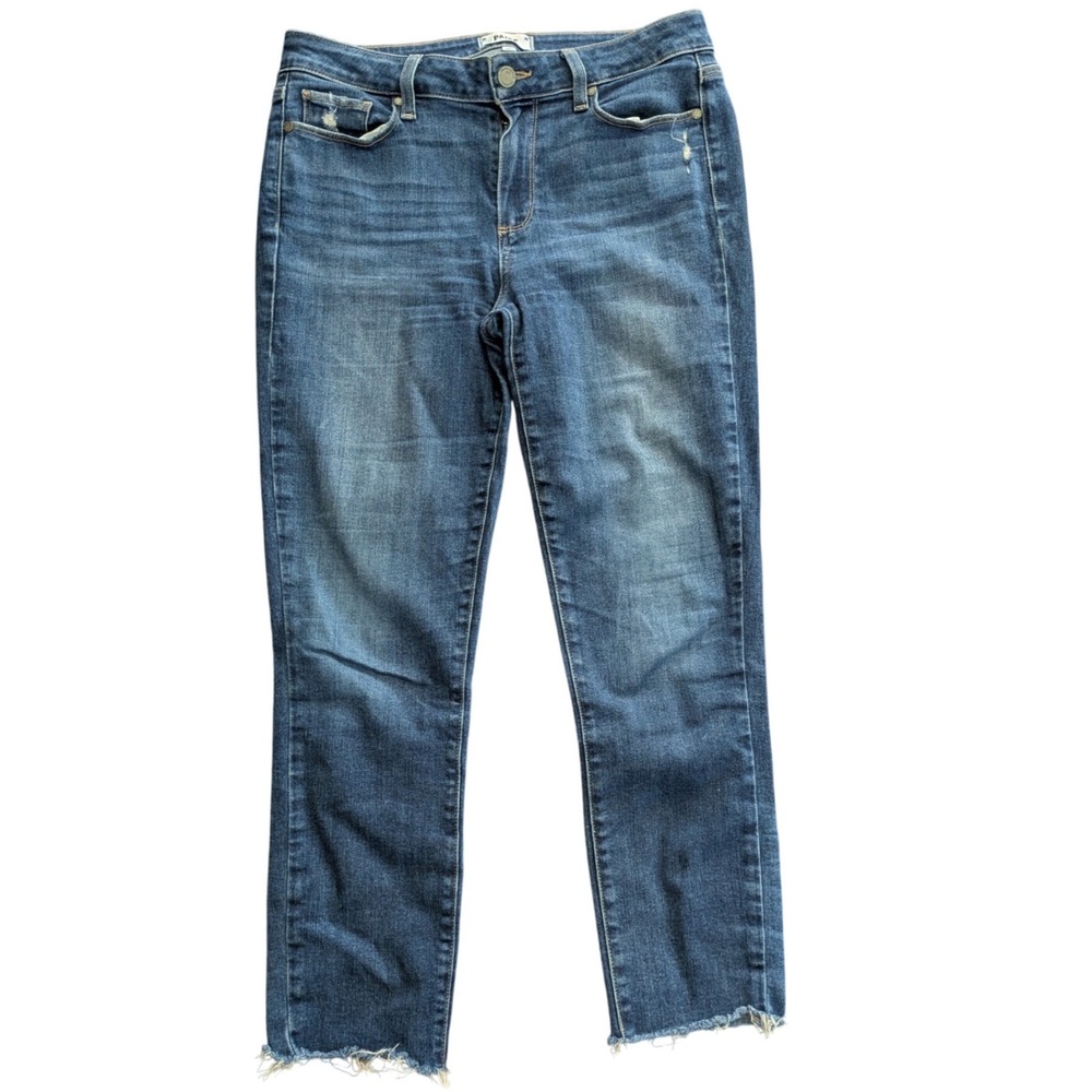 $229 Anthropologie PAIGE Kylie Crop Jeans Sz 30 Medium Wash Blue Raw Hem Stretch